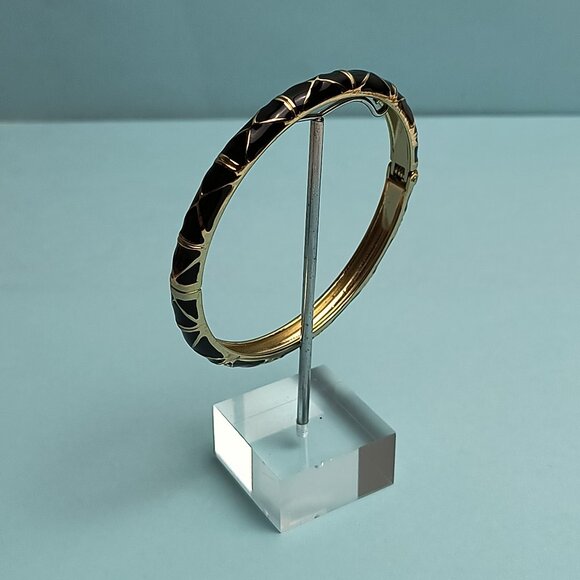 NORDSTROM Sequin Enamel Hinge Bangle Bracelet Clamper Black Gold Tone - Picture 1 of 6